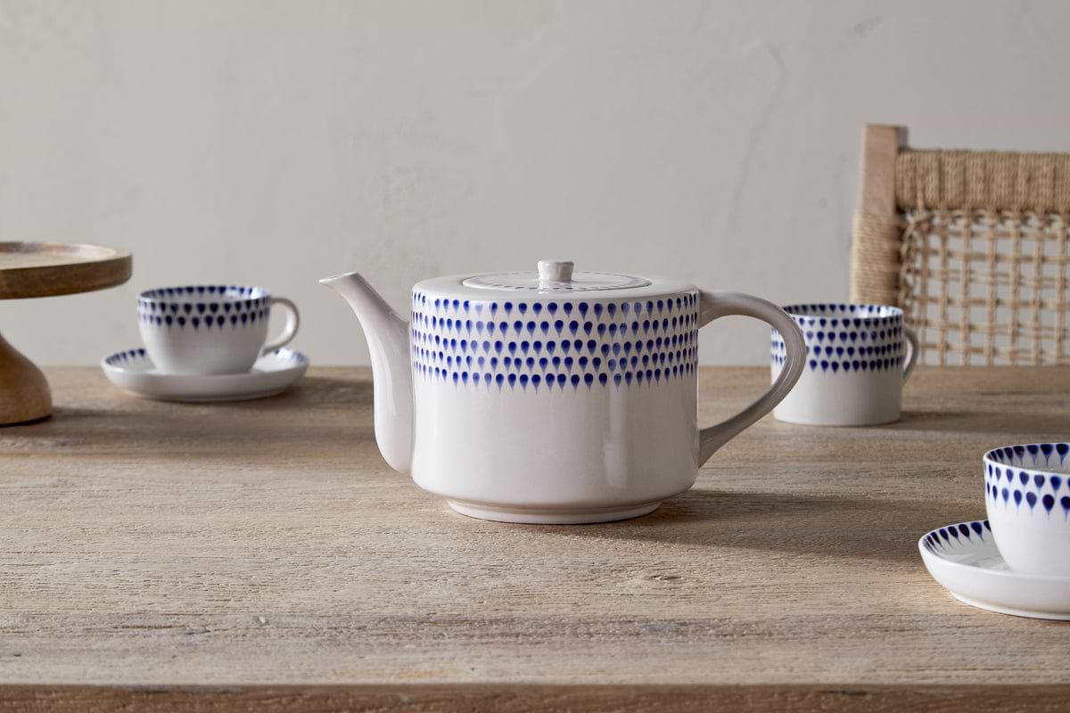 Indigo Drop 4 Person Teapot - Cream & Indigo-TABLEWARE-Nkuku