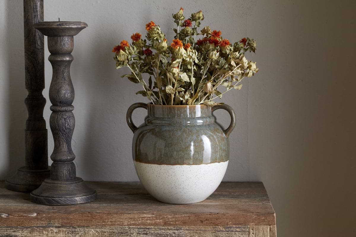 Inha Reactive Glaze Vase - Dark Olive & Natural-VASES & PLANTERS-Nkuku