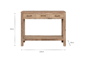 The nkuku Ibo Reclaimed Wood 3 Drawer Console Table – Natural has metal handles, a weathered finish, 3 drawers, and a lower shelf. Dimensions: H84 x W120 x D38 cm. Measurement arrows highlight size.