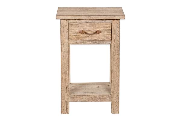 The nkuku Ibo Reclaimed Wood Bedside Table - Natural features a rectangular top, single drawer with curved handle, open lower shelf, and four straight legs. Its light reclaimed wood finish and visible grain give it rustic charm.