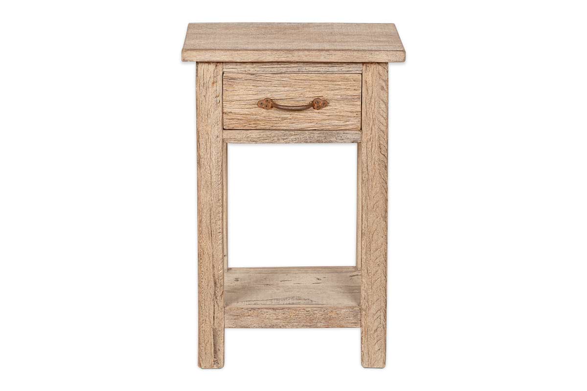 The nkuku Ibo Reclaimed Wood Bedside Table - Natural features a rectangular top, single drawer with curved handle, open lower shelf, and four straight legs. Its light reclaimed wood finish and visible grain give it rustic charm.
