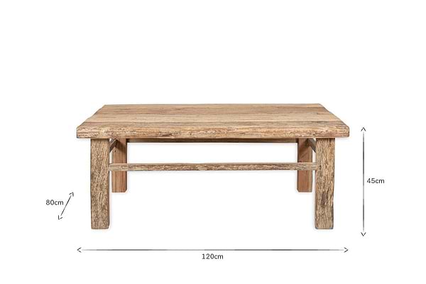 The Ibo Reclaimed Wood Coffee Table - Natural by nkuku is a rectangular, rustic piece measuring 120cm W x 80cm D x 45cm H, shown front-on. It features artisan-crafted weathered wood, sturdy legs with support bar, and appears on a white background with dimensions.