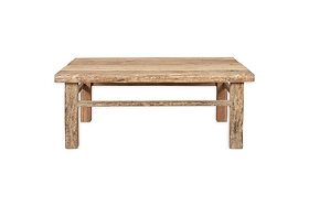 The nkuku Ibo Reclaimed Wood Coffee Table - Natural features a rustic finish, sturdy thick legs with a horizontal support bar, and visible wood grain that showcases Indian artisan craftsmanship. Photographed on a plain white background.