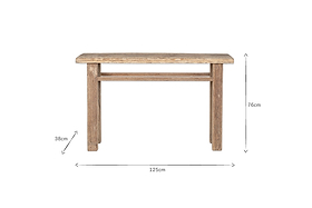 The nkuku Ibo Reclaimed Wood Console Table in natural finish showcases rustic charm with a rectangular design and straight legs. It measures 76 cm high, 38 cm deep, and 125 cm wide. Displayed on a white background with dimension arrows.