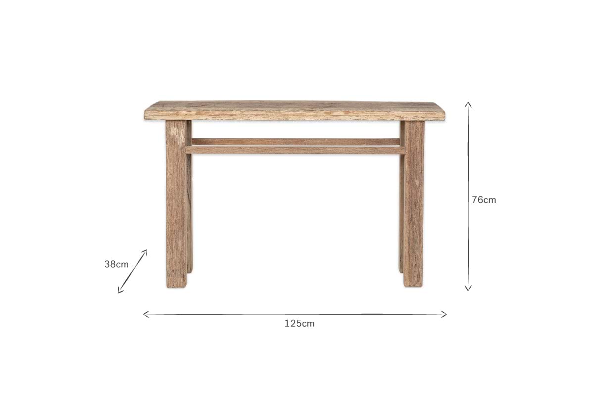 The nkuku Ibo Reclaimed Wood Console Table in natural finish showcases rustic charm with a rectangular design and straight legs. It measures 76 cm high, 38 cm deep, and 125 cm wide. Displayed on a white background with dimension arrows.