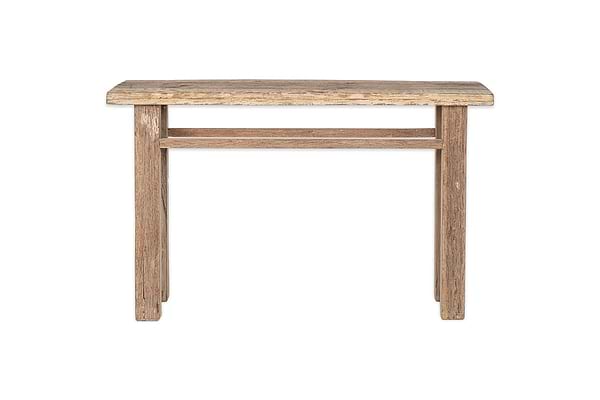The nkuku Ibo Reclaimed Wood Console Table - Natural features a simple rectangular design with wooden panels, four straight legs, and a support bar, showcasing rustic charm and minimalism against a white backdrop.
