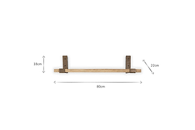 The nkuku Ibo Reclaimed Wood & Iron Shelf - Natural features two dark iron brackets, including an antique brass bracket. Made from reclaimed wood, the shelf is 80 cm long and displayed on a plain white background with measurements shown.
