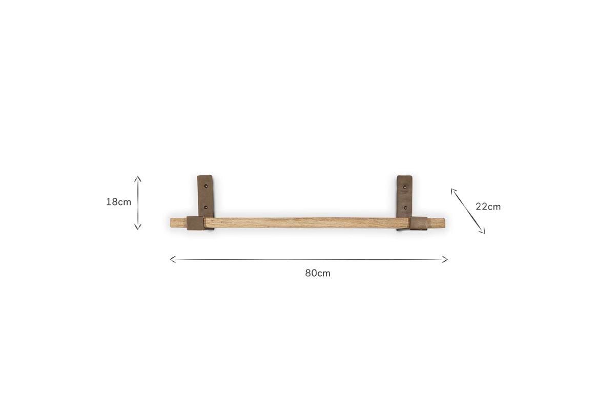 The nkuku Ibo Reclaimed Wood & Iron Shelf - Natural features two dark iron brackets, including an antique brass bracket. Made from reclaimed wood, the shelf is 80 cm long and displayed on a plain white background with measurements shown.
