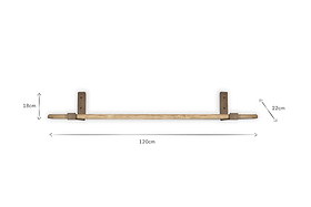 The nkuku Ibo Reclaimed Wood & Iron Shelf - Natural, 120 cm long, is mounted on two brown wall brackets measuring 18 cm high (left) and 22 cm high (right), with dimensions shown by arrows against a white background.