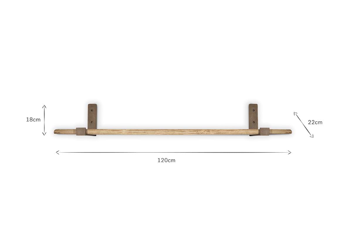 The nkuku Ibo Reclaimed Wood & Iron Shelf - Natural, 120 cm long, is mounted on two brown wall brackets measuring 18 cm high (left) and 22 cm high (right), with dimensions shown by arrows against a white background.