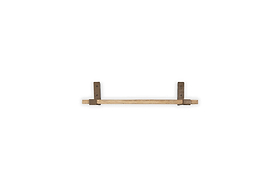 The nkuku Ibo Reclaimed Wood & Iron Shelf - Natural features a minimalist design with a reclaimed wood shelf, two dark brown iron brackets, and a light wood bar, all set against a plain white background for a sleek, modern look.