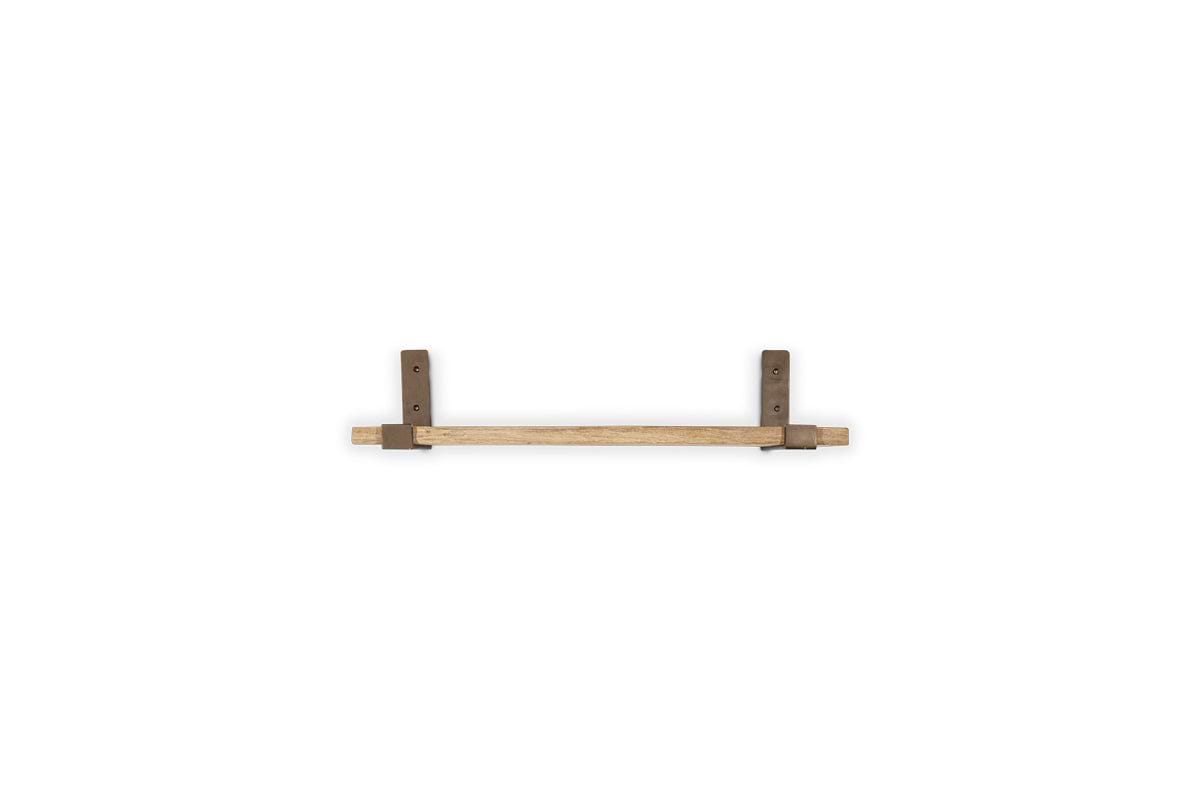 The nkuku Ibo Reclaimed Wood & Iron Shelf - Natural features a minimalist design with a reclaimed wood shelf, two dark brown iron brackets, and a light wood bar, all set against a plain white background for a sleek, modern look.