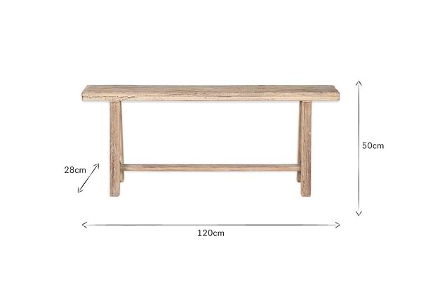 The Ibo Reclaimed Wood Long Bench by nkuku is displayed against a white background. Measuring 120 cm (L) x 28 cm (D) x 50 cm (H), its dimensions are shown with arrows and numbers. The bench features a simple, rustic design in natural wood.