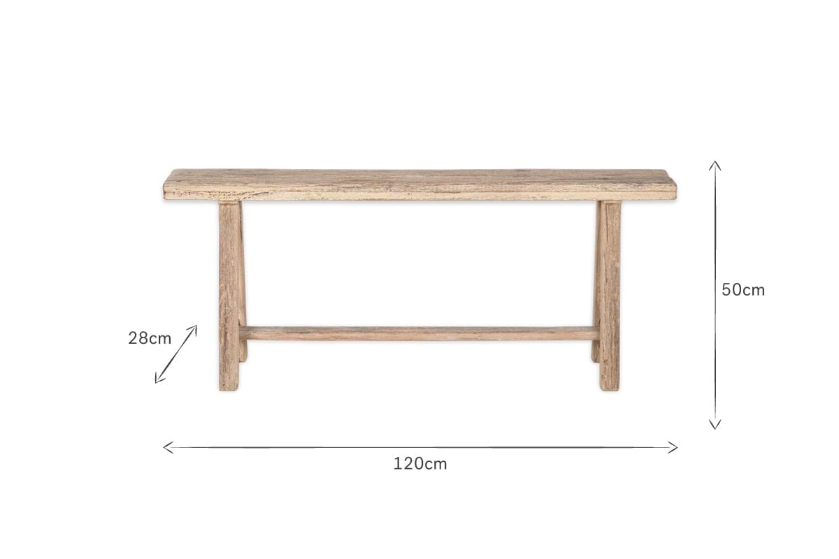 The Ibo Reclaimed Wood Long Bench by nkuku is displayed against a white background. Measuring 120 cm (L) x 28 cm (D) x 50 cm (H), its dimensions are shown with arrows and numbers. The bench features a simple, rustic design in natural wood.