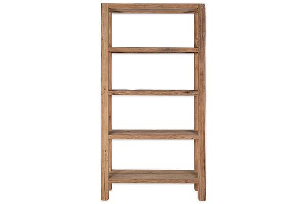 The Ibo Reclaimed Wood Shelf - Natural - Wide by nkuku features four shelves and a simple rectangular design in light brown reclaimed wood, highlighting visible grain for rustic style against a plain white background.