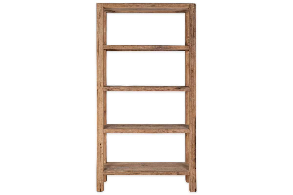 The Ibo Reclaimed Wood Shelf - Natural - Wide by nkuku features four shelves and a simple rectangular design in light brown reclaimed wood, highlighting visible grain for rustic style against a plain white background.