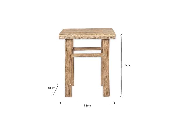 The nkuku Ibo Reclaimed Wood Side Table – Natural features Indian artisan craftsmanship with a rectangular seat, four straight legs, and a natural, unfinished look. Dimensions: 56 cm tall, 51 cm wide/deep; includes measurement arrows for reference.