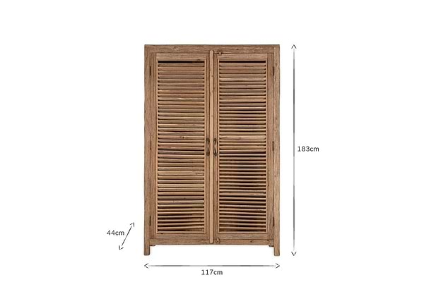 The Ibo Reclaimed Wooden Slatted Cabinet – Natural - Large by nkuku is a 183x117x44 cm cabinet, crafted by Indian artisans from reclaimed wood, featuring two vertical-handled slatted doors and a rustic finish.