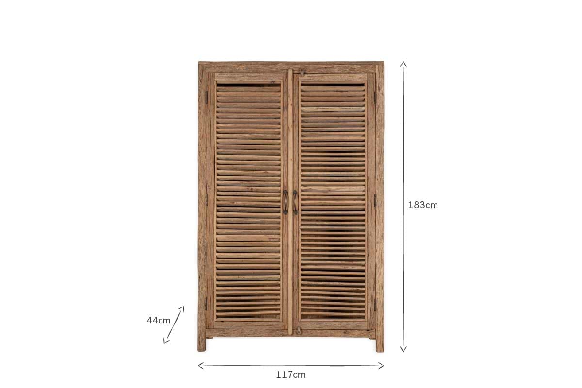 The Ibo Reclaimed Wooden Slatted Cabinet – Natural - Large by nkuku is a 183x117x44 cm cabinet, crafted by Indian artisans from reclaimed wood, featuring two vertical-handled slatted doors and a rustic finish.