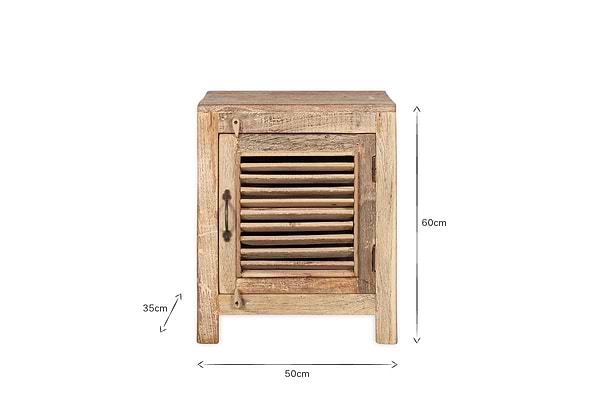 The nkuku Ibo Reclaimed Wooden Slatted Cabinet – Natural - Small features a single slatted door, black metal handle, and four short legs. Handcrafted in India, it measures 60cm high, 50cm wide, and 35cm deep against a plain white background.