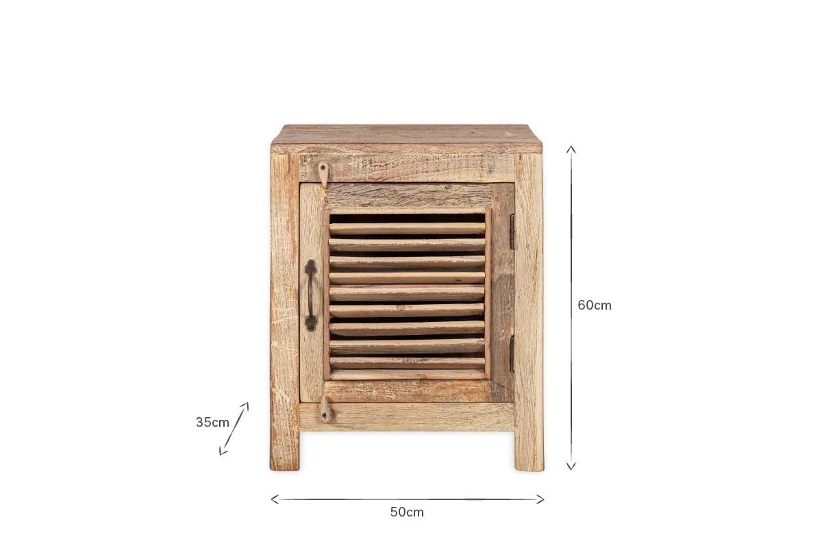 The nkuku Ibo Reclaimed Wooden Slatted Cabinet – Natural - Small features a single slatted door, black metal handle, and four short legs. Handcrafted in India, it measures 60cm high, 50cm wide, and 35cm deep against a plain white background.