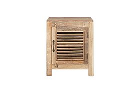 The nkuku Ibo Reclaimed Wooden Slatted Cabinet – Natural - Small features a single slatted door, distressed light wood with visible grain and knots, a square design, and a metal latch, showcasing Indian artisan craftsmanship.