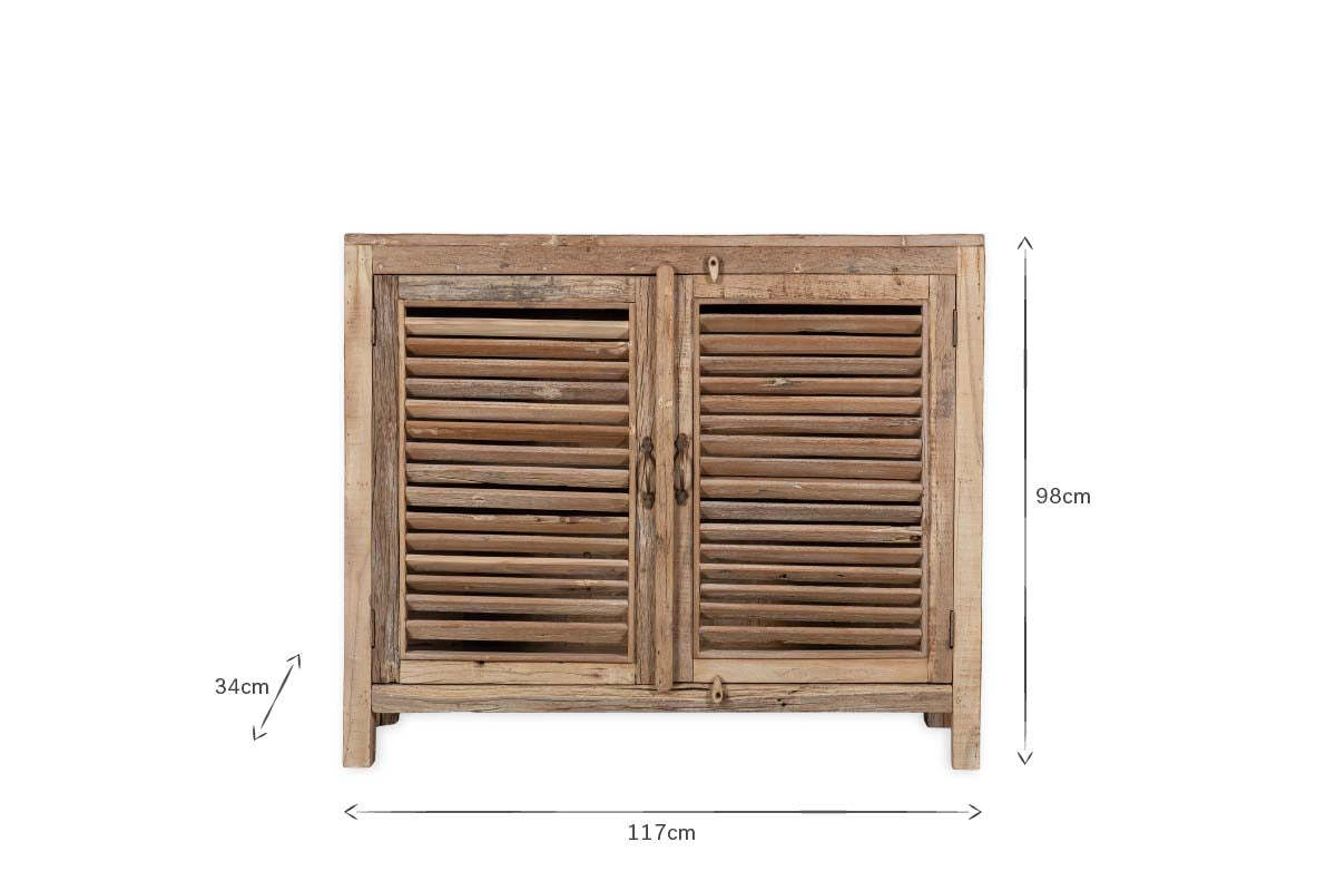 The nkuku Ibo Reclaimed Wooden Slatted Sideboard – Natural features two louvered doors and a rustic finish. Visible wood grain highlights its reclaimed charm. Dimensions: 117cm (W) x 98cm (H) x 34cm (D), shown with labeled arrow lines.