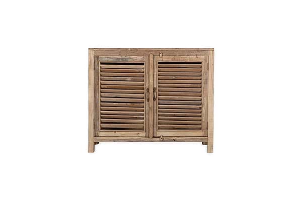 The nkuku Ibo Reclaimed Wooden Slatted Sideboard - Natural features two slatted doors, visible grain, and a weathered finish. Crafted by Indian artisans, its farmhouse style and four short legs stand out against a plain white background.