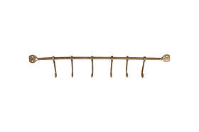 The Ikoma Hook Set by nkuku is a wall-mounted, antique brass metal rack with six evenly spaced hooks and two mounting plates, providing stylish and functional hanging storage.