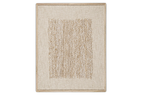 The nkuku Ikona Textured Wall Art - Natural features a beige and tan abstract design with vertical shaggy lines, bordered by light wood. Its tactile, woven details bring organic texture and contrast to any neutral wall décor.