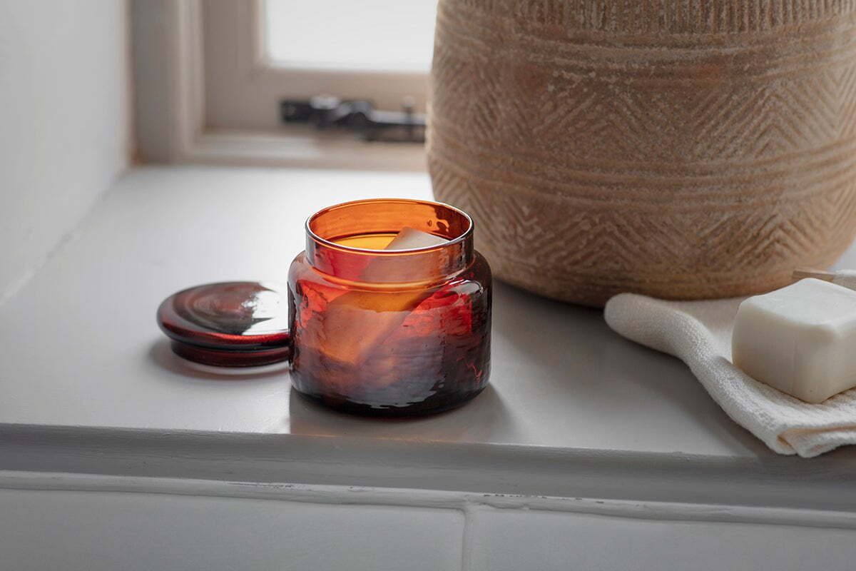 Ilcoso Recycled Hammered Glass Storage Pot - Amber-BATHROOM-Nkuku