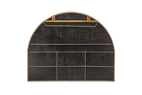 The nkuku Imoma Iron Overmantel Arch Mirror in brass features a black arched frame, gold trim, and six rectangular compartments divided by thin gold lines, reminiscent of elegant wall organizers.