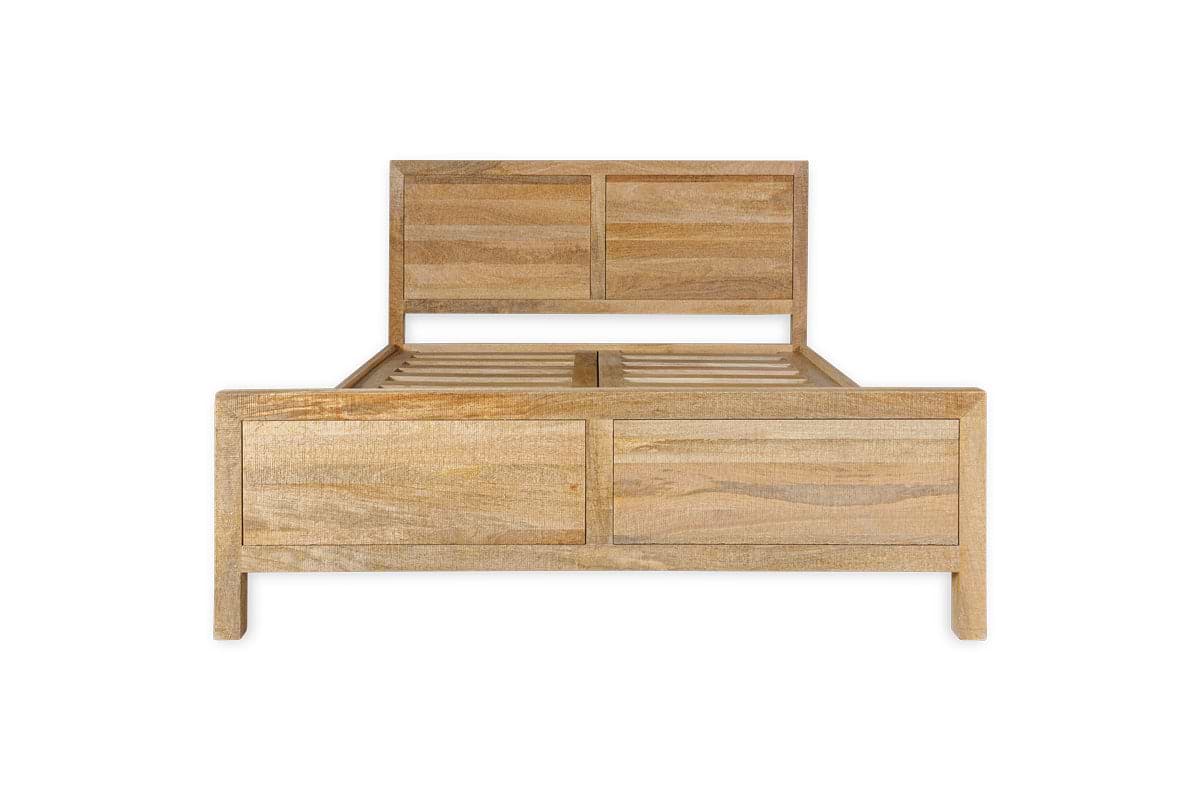 The nkuku Indali Mango Wood Bed - Natural features a tall rectangular headboard and footboard with panel details, slatted base, and is crafted from natural-finish mango wood. Shown front-facing against a white background.