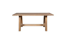 The nkuku Indali Mango Wood Dining Table - Natural features a rectangular, weathered mango wood top and sturdy tapered legs with a lower stretcher—an ideal sustainable choice for cozy spaces.