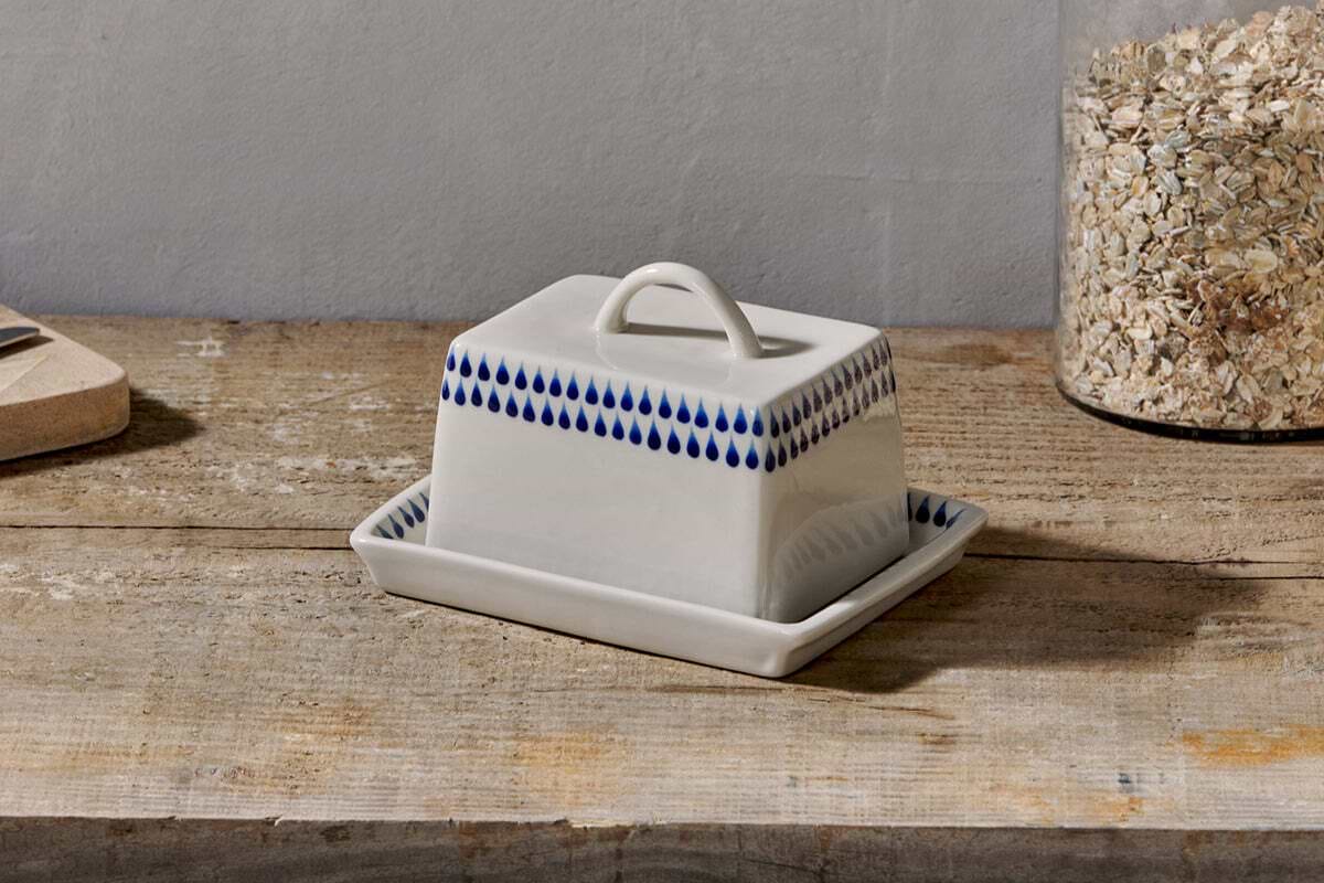 Indigo Drop Butter Dish - Cream & Indigo-KITCHEN & DINING ACCESSORIES-Nkuku