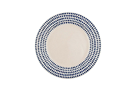 The Indigo Drop Dinnerware Set – Cream & Indigo (Set of 12) by nkuku features handmade ceramic plates from Vietnam with a cream center and a hand-painted indigo teardrop border on a white background.