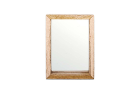 The Indu Standing Mango Wood Frame - Natural by nkuku features a rectangular design with a natural mango wood finish that showcases the grain. Its clean mirror surface beautifully complements the sustainable frame against a plain white background.