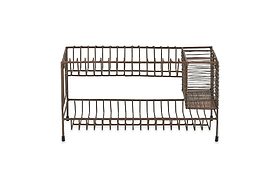 The Inkollu Dish Rack by nkuku is a brown, rectangular dish rack with an aged brass finish, two tiers for plates, a right-side utensil compartment, and a wire-frame design on four short legs.