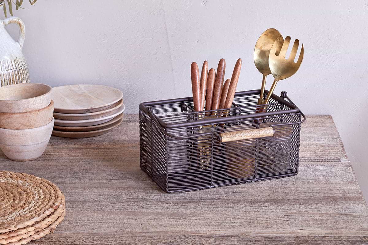 Inkollu Wire Cutlery Holder - Aged Brass-KITCHEN STORAGE & UTILITY-Nkuku