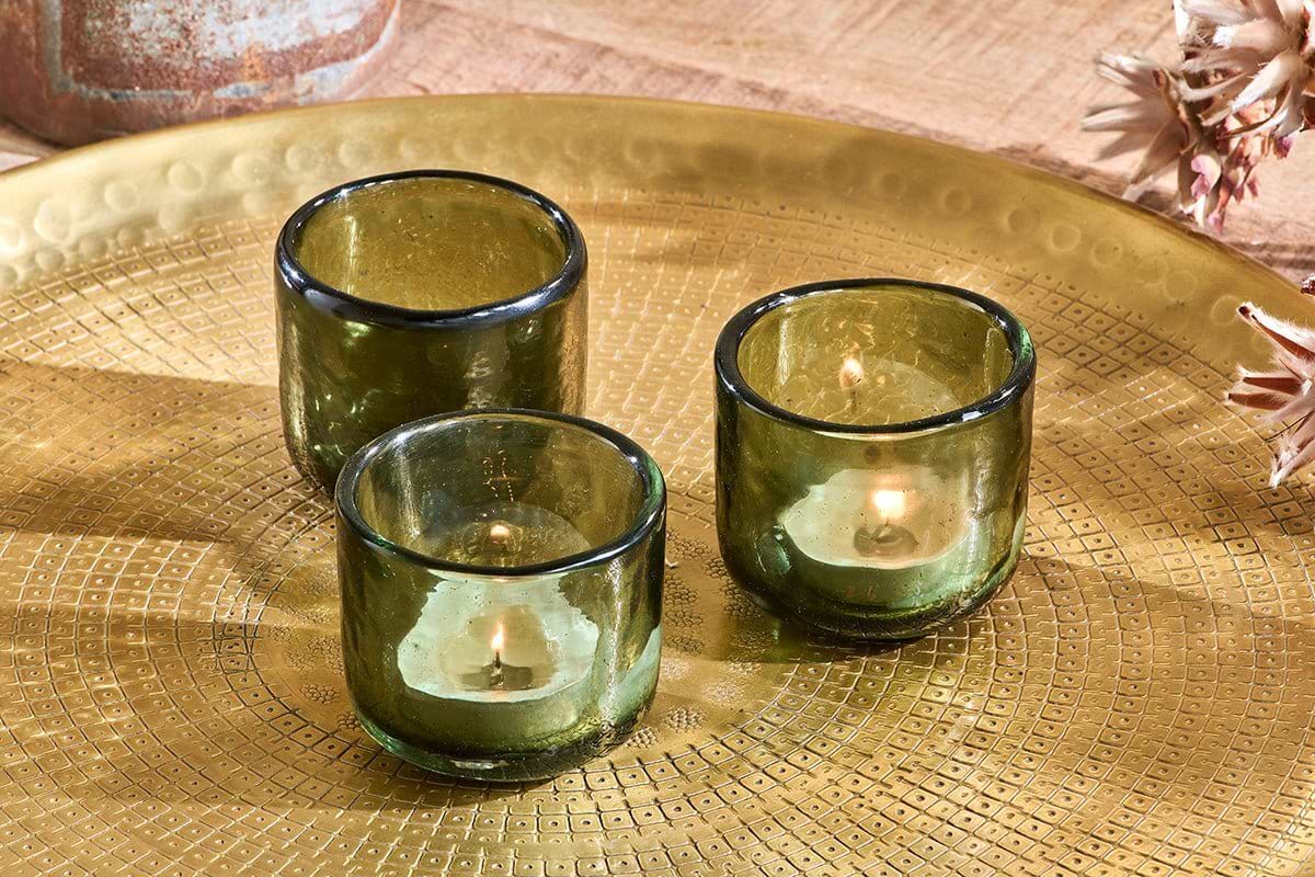 Irda Glass Small Tealight - Dark Emerald - Small (Set of 3)-CANDLES HOLDERS & LANTERNS-Nkuku