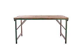 The Ishan Reclaimed Folding Dining & Coffee Table by nkuku features a rectangular metal frame with a worn wooden top, green-painted, slightly rusted legs, and sturdy crossbars, shown against a plain white background.