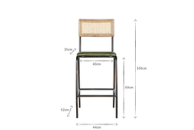 Front view of the Iswa Leather & Cane Counter Chair by nkuku, showcasing a woven cane back, rich green leather seat, and black metal frame. Dimensions: 108cm H, 44cm W, 40cm seat W, 35cm backrest H, 69cm seat H, 52cm leg H.