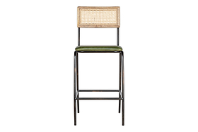 The Iswa Leather & Cane Counter Chair by nkuku features a distressed metal frame, rich green leather seat, and stylish woven cane back for added comfort.