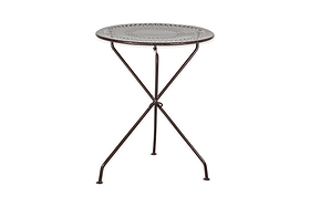 The Jeavika Iron Outdoor Bistro Table by nkuku is a small, round black table with a perforated top and three slender legs. Its minimalist design is perfect for outdoor spaces and is shown here against a plain white background.