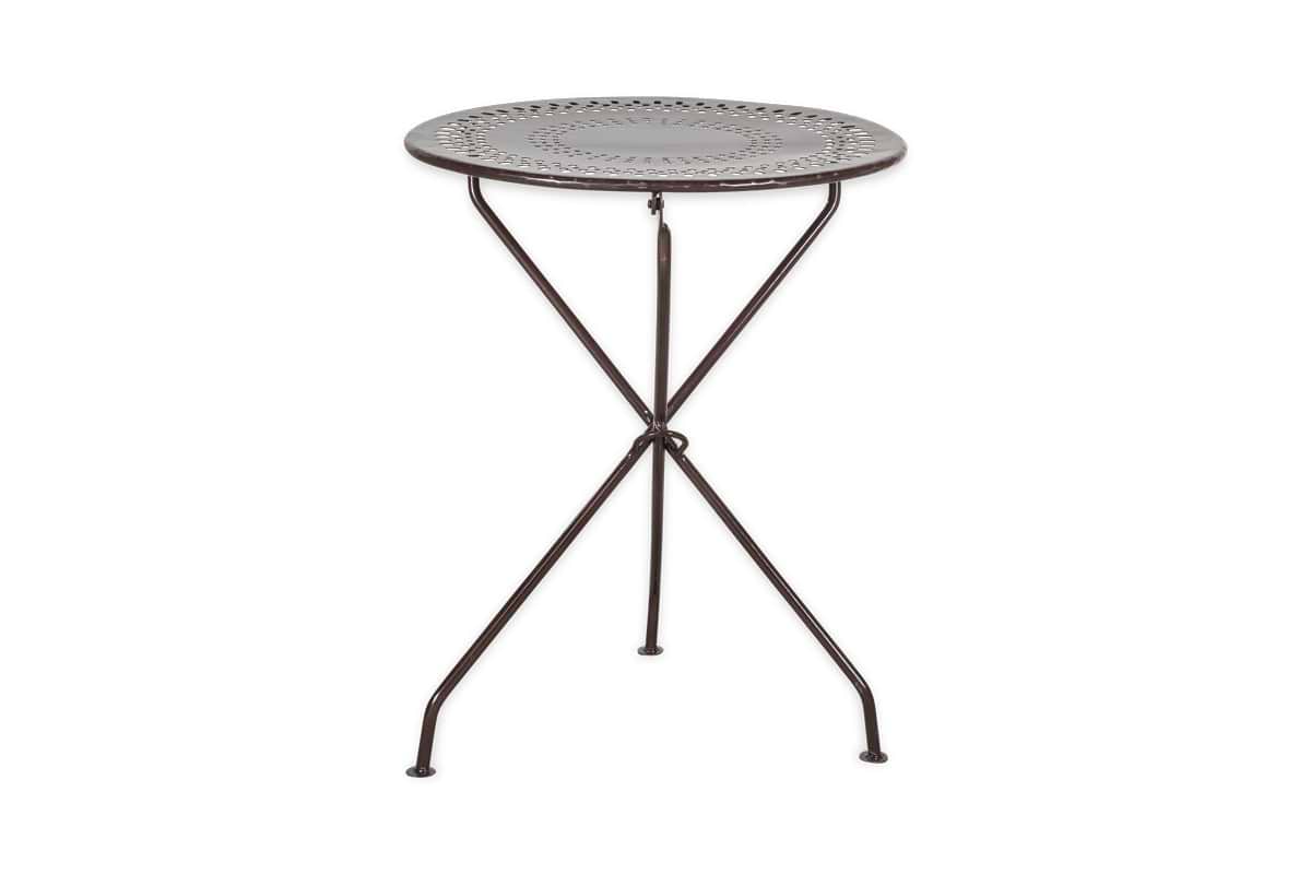 The Jeavika Iron Outdoor Bistro Table by nkuku is a small, round black table with a perforated top and three slender legs. Its minimalist design is perfect for outdoor spaces and is shown here against a plain white background.