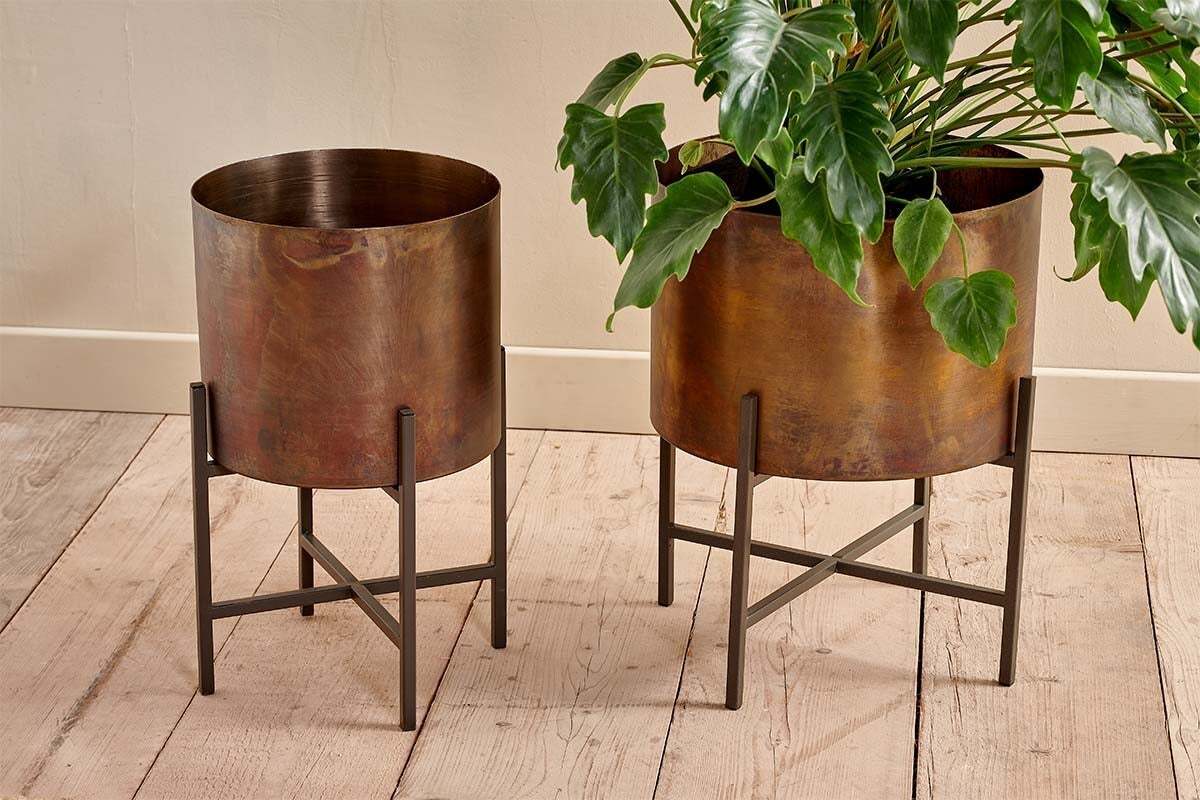 Two nkuku Juoni Iron Planters with a rustic bronze finish stand on dark iron stands atop a light wooden floor against a cream wall. One holds a lush green plant with large glossy leaves; the other is empty.