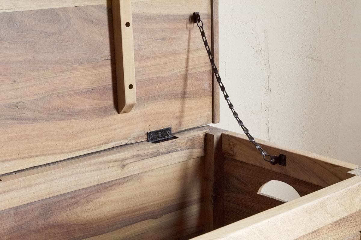 The Karadi Reclaimed Wood Storage Bench by nkuku features sturdy chains and natural wood—ideal as a hallway bench or stylish storage solution for your home.