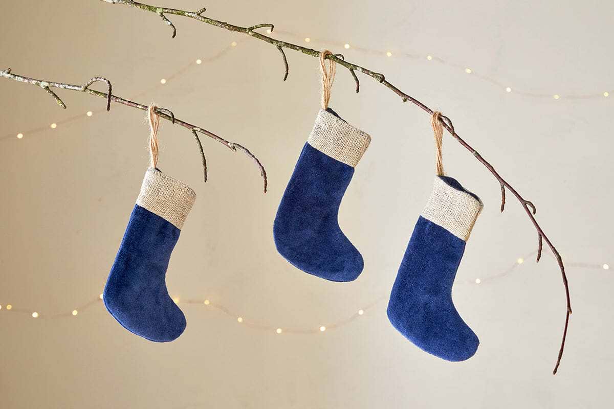 Karru Cotton Velvet Mini Stockings - Indigo (Set of 3)-CHRISTMAS DECORATIONS-Nkuku
