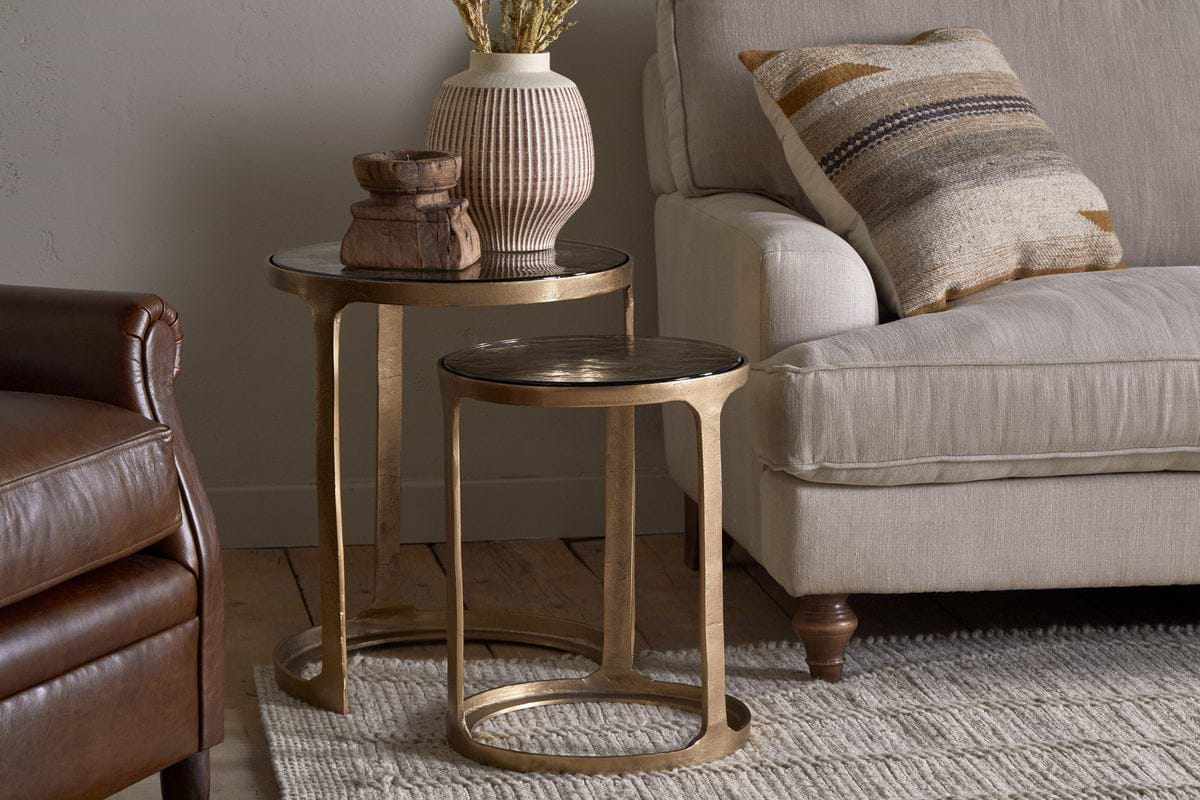 Khidki Cast Metal & Glass Nesting Side Tables - Antique Brass (Set of 2)-TABLES-Nkuku