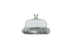 The nkuku Kallso Marble Butter Dish features a smooth, polished rectangular marble base with elegant gray marbling and a recycled clear glass dome lid with a round knob, displayed on a white background.